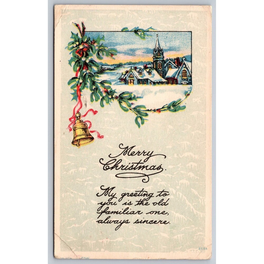 Antique Christmas Postcard Winter Village Scene Mailed to North Brookfield Mass
